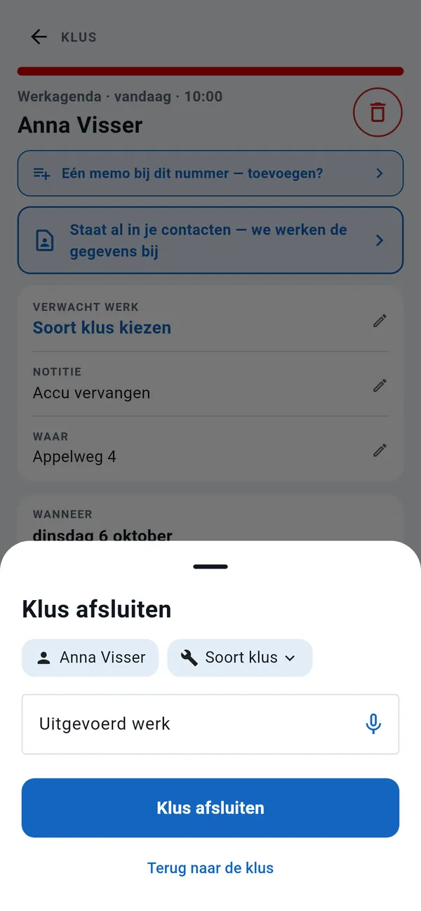 Venster Klus afsluiten: klant, soort klus, een veld Uitgevoerd werk met dicteerknop en de knop Klus afsluiten.