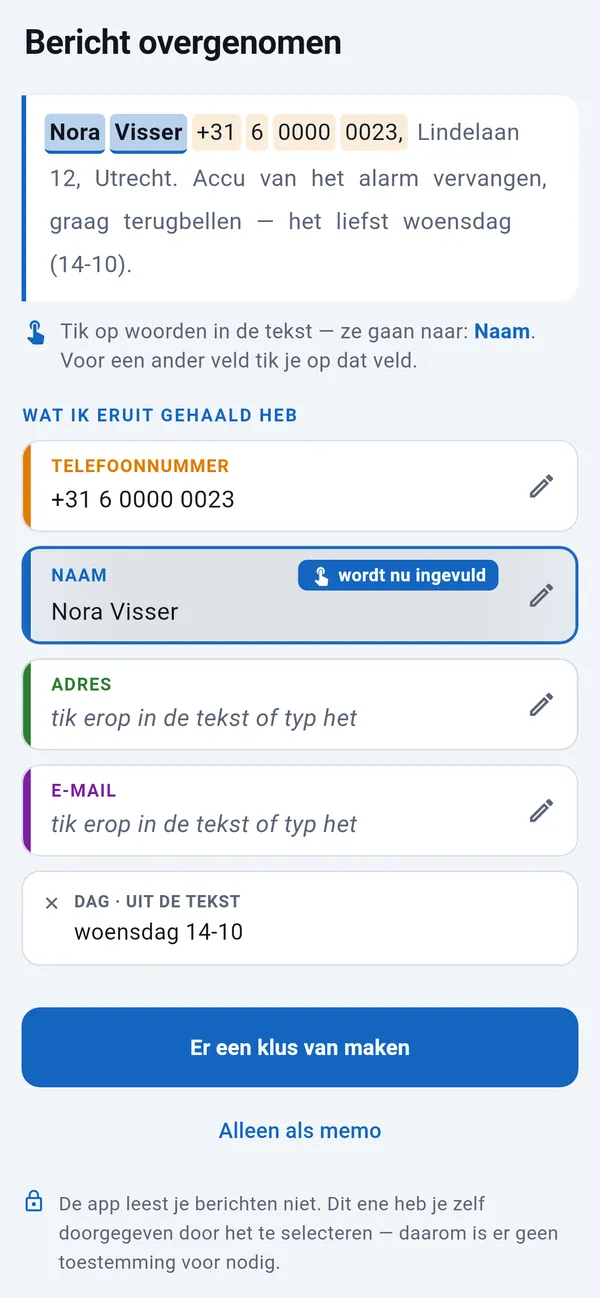 Geplakte sms met het herkende telefoonnummer en de herkende dag, de naam wordt ingevuld; velden voor adres en e-mail om aan te tikken; daaronder de knop Er een klus van maken.