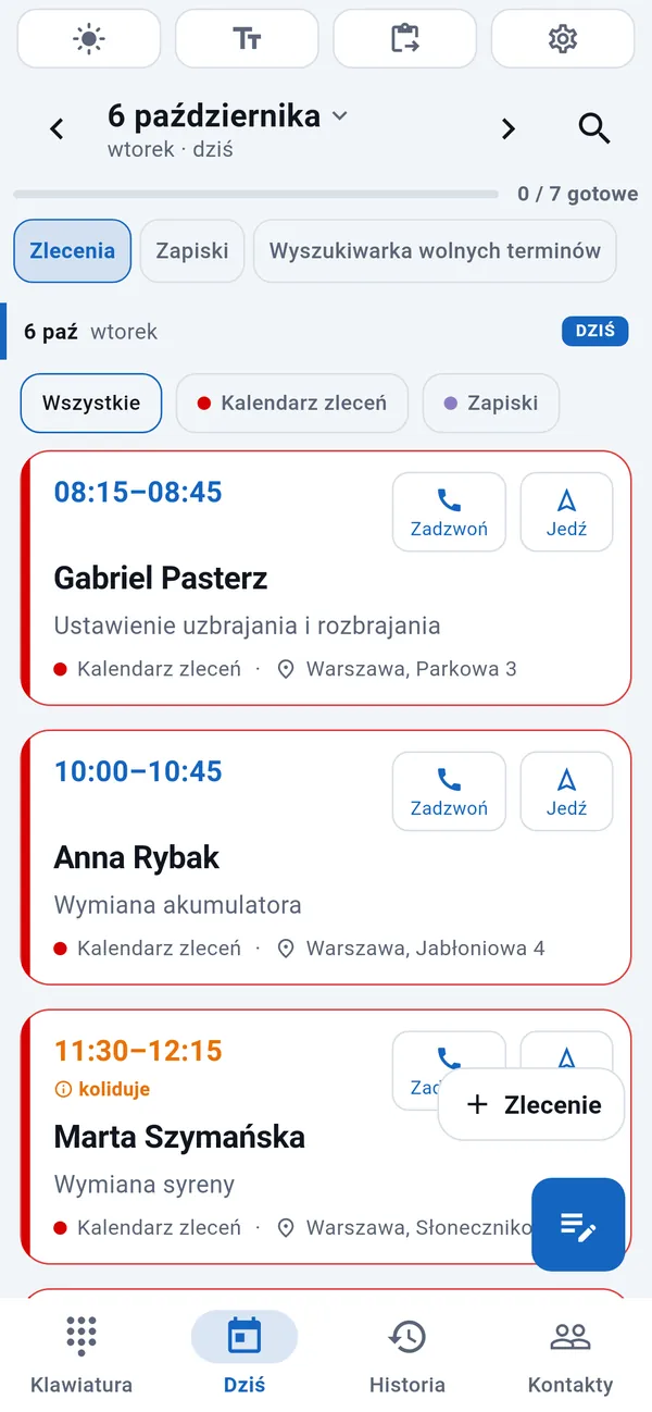 Zakładka Dziś w WorkDialerze: lista dzisiejszych zleceń z godziną, nazwą klienta, rodzajem zlecenia i adresem.
