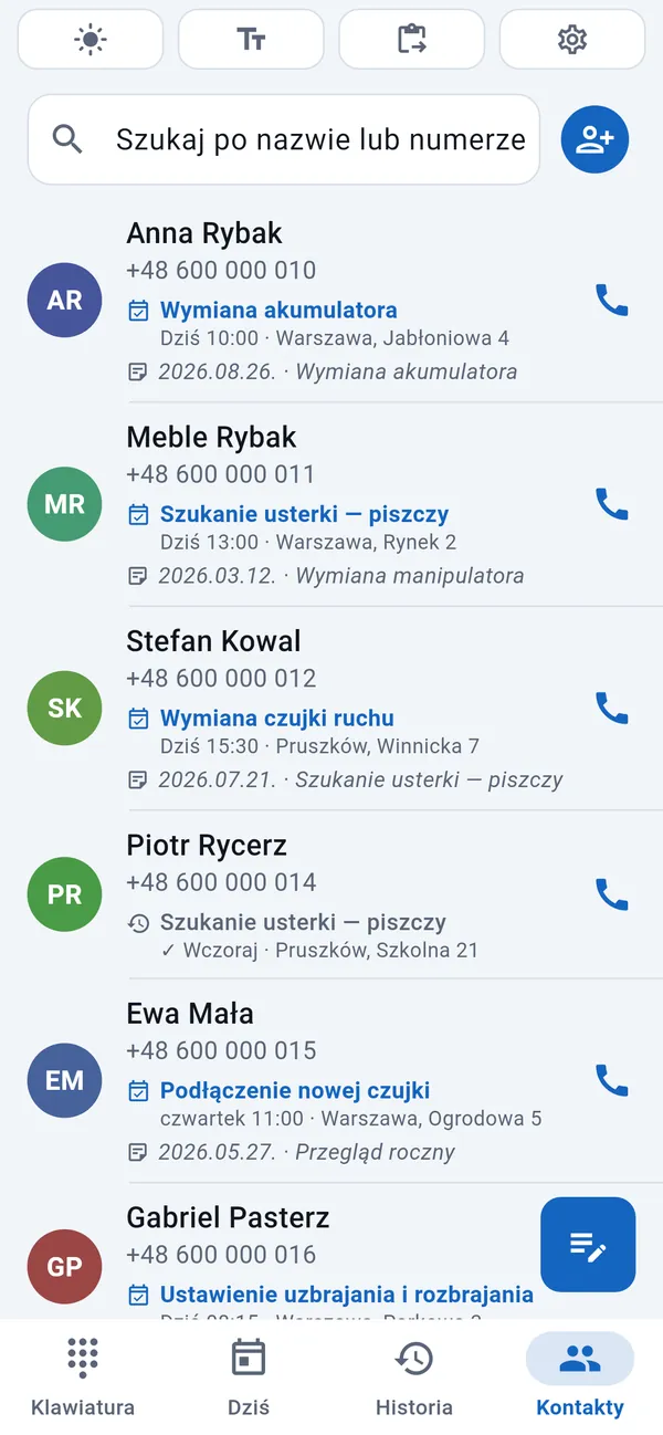 Lista kontaktów z klientami, przy każdym data i rodzaj zlecenia.