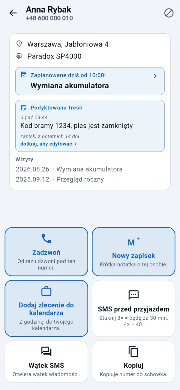 Strona klienta z adresem, zaplanowanym zleceniem, wcześniejszymi wizytami i kafelkami: Zadzwoń, Nowy zapisek, Dodaj zlecenie do kalendarza, SMS przed przyjazdem.