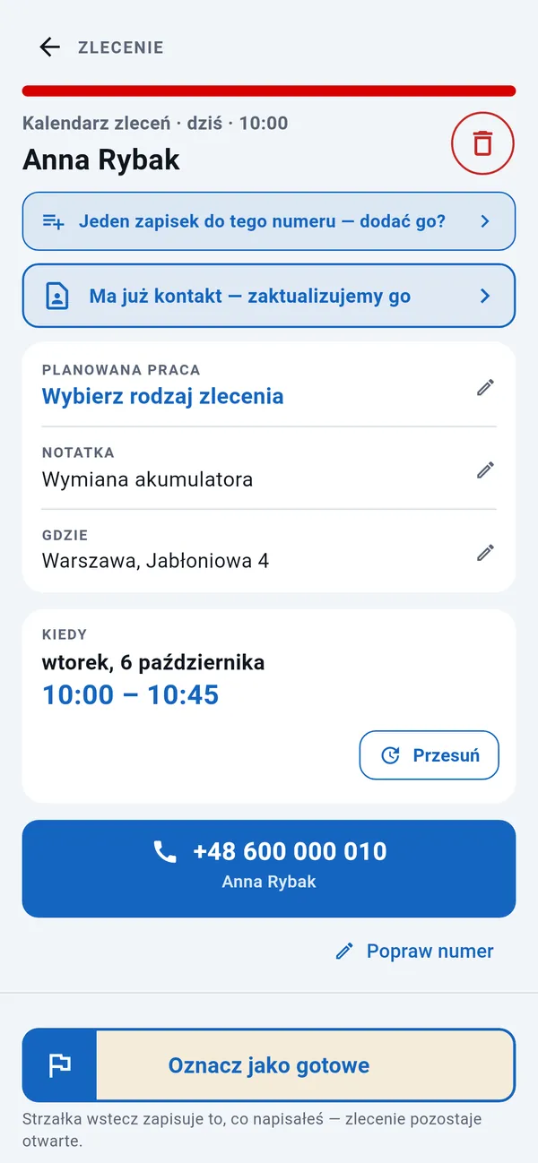 Strona zlecenia: rodzaj zlecenia, notatka, adres i godzina, przycisk połączenia i przycisk Oznacz jako gotowe.