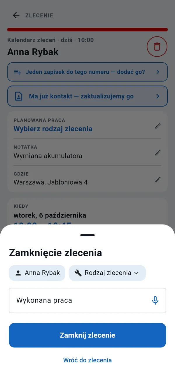 Okno Zamknięcie zlecenia: klient, rodzaj zlecenia, pole Wykonana praca z przyciskiem dyktowania i przycisk Zamknij zlecenie.