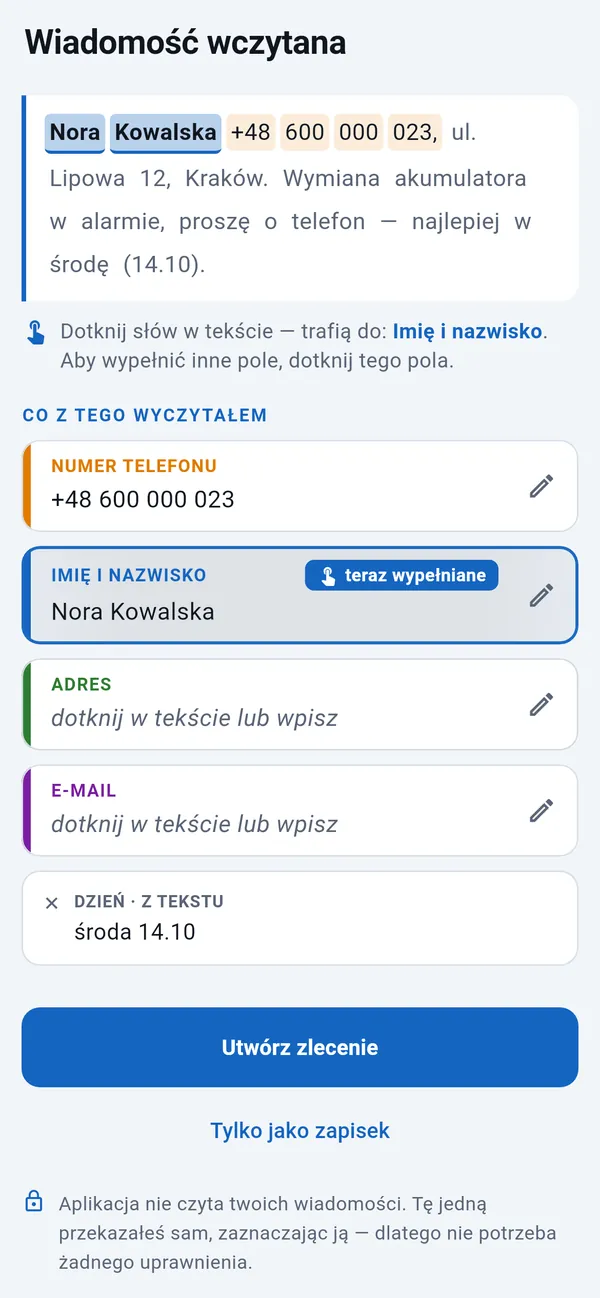 Wklejony SMS z wyczytanym numerem telefonu i dniem, imię i nazwisko właśnie wypełniane; pola adresu i e-maila do dotknięcia; poniżej przycisk Utwórz zlecenie.