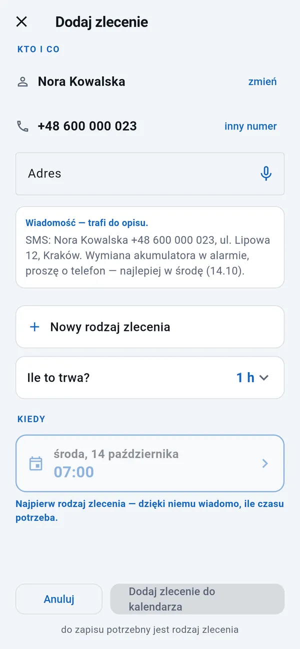 Dodaj zlecenie: wypełnione imię i nazwisko oraz numer telefonu, puste pole adresu, wiadomość od klienta, rodzaj zlecenia, czas trwania i dzień z wiadomości.