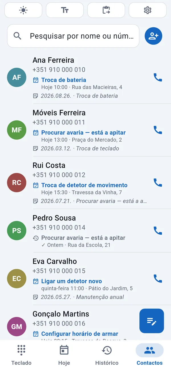 Lista de contactos dos clientes, cada um com a data e o tipo do seu serviço.