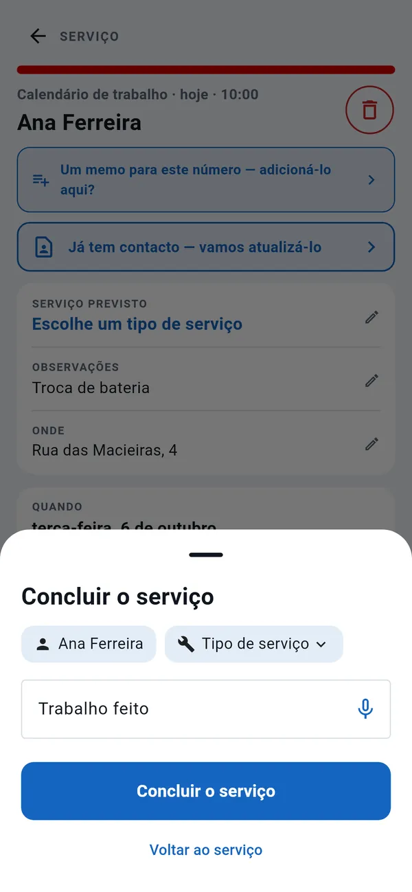 Janela Concluir o serviço: cliente, tipo de serviço, campo Trabalho feito com botão de ditado e o botão Concluir o serviço.