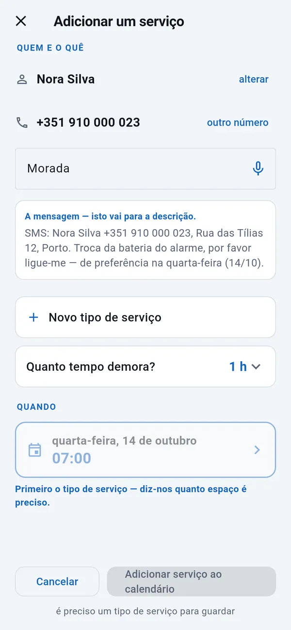 Adicionar um serviço: nome e número de telefone preenchidos, campo Morada vazio, a mensagem do cliente, tipo de serviço, duração e o dia tirado da mensagem.