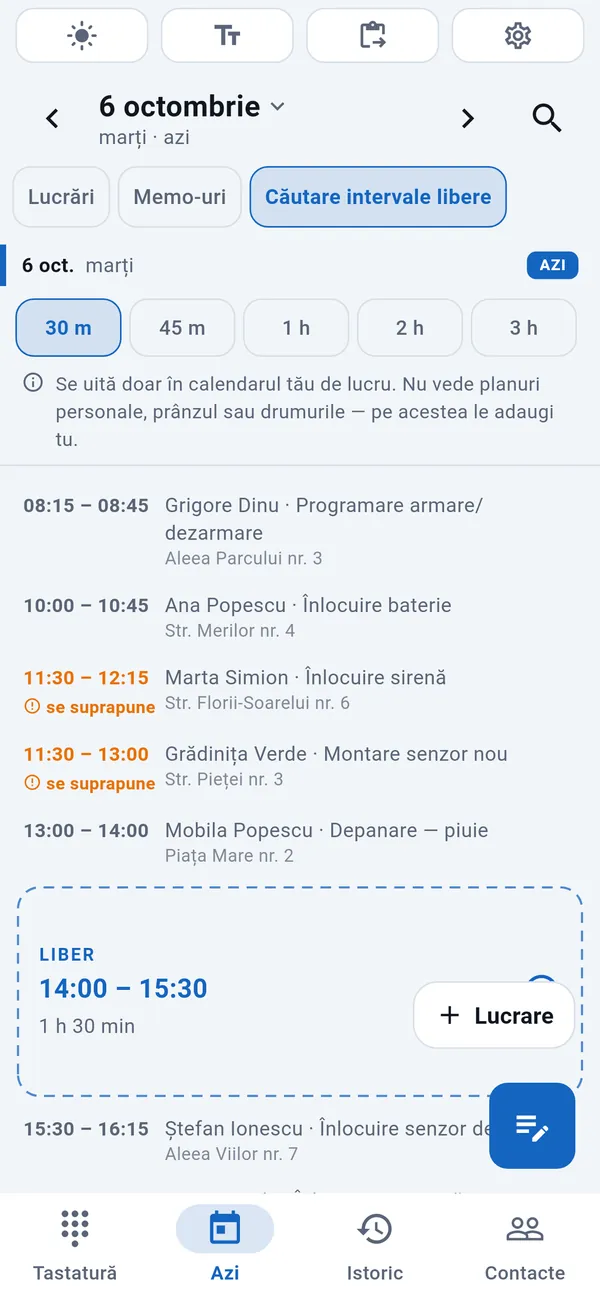Căutare intervale libere: duratele de ales, lucrările de azi cu suprapunerile marcate și, între ele, un interval liber (14:00–15:30) evidențiat, cu butonul Lucrare.