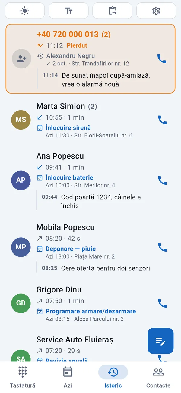 Istoric: un apel pierdut evidențiat sus, iar dedesubt apelanții cu lucrările și notițele lor.