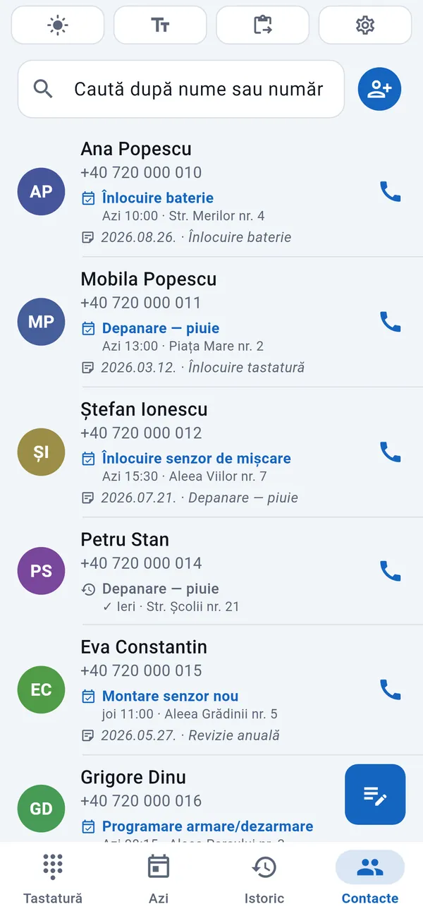 Lista de contacte a clienților, fiecare cu data și tipul lucrării sale.