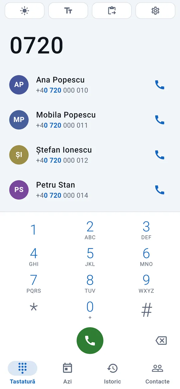 Tastatură: clienții potriviți deasupra cifrelor tastate, tastele numerice dedesubt.