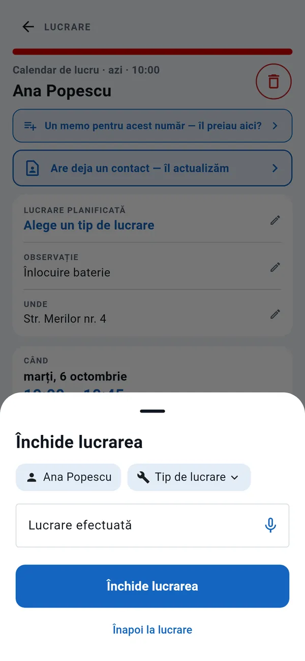 Fereastra Închide lucrarea: clientul, tipul de lucrare, câmpul Lucrare efectuată cu buton de dictare și butonul Închide lucrarea.