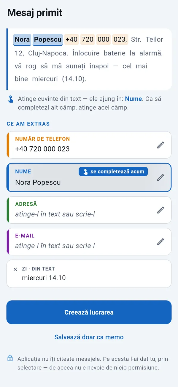 SMS lipit, cu numărul de telefon și ziua găsite și numele în curs de completare; câmpurile Adresă și E-mail de atins în text; dedesubt butonul Creează lucrarea.