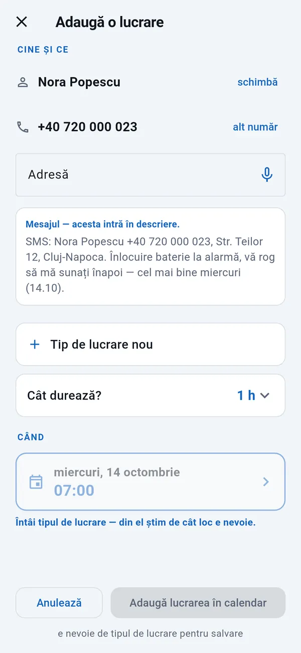 Adaugă o lucrare: numele și numărul de telefon completate, câmpul de adresă gol, mesajul clientului, tipul de lucrare, durata și ziua luată din mesaj.