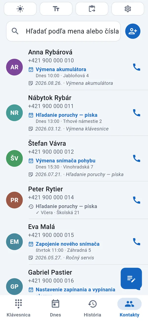 Zoznam kontaktov so zákazníkmi, pri každom dátum a druh zákazky.