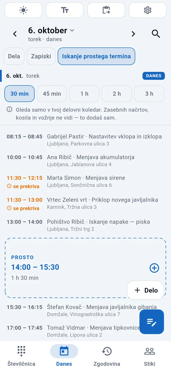 Iskanje prostega termina: trajanja za izbiro, današnja dela z označenimi prekrivanji in med njimi poudarjen prost termin (14:00–15:30) z gumbom Delo.