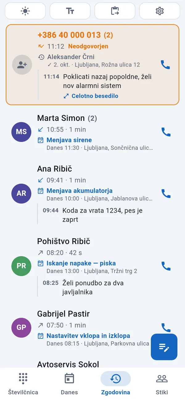 Zgodovina klicev: poudarjen neodgovorjen klic, pod njim klicatelji z njihovimi deli in zapiski.