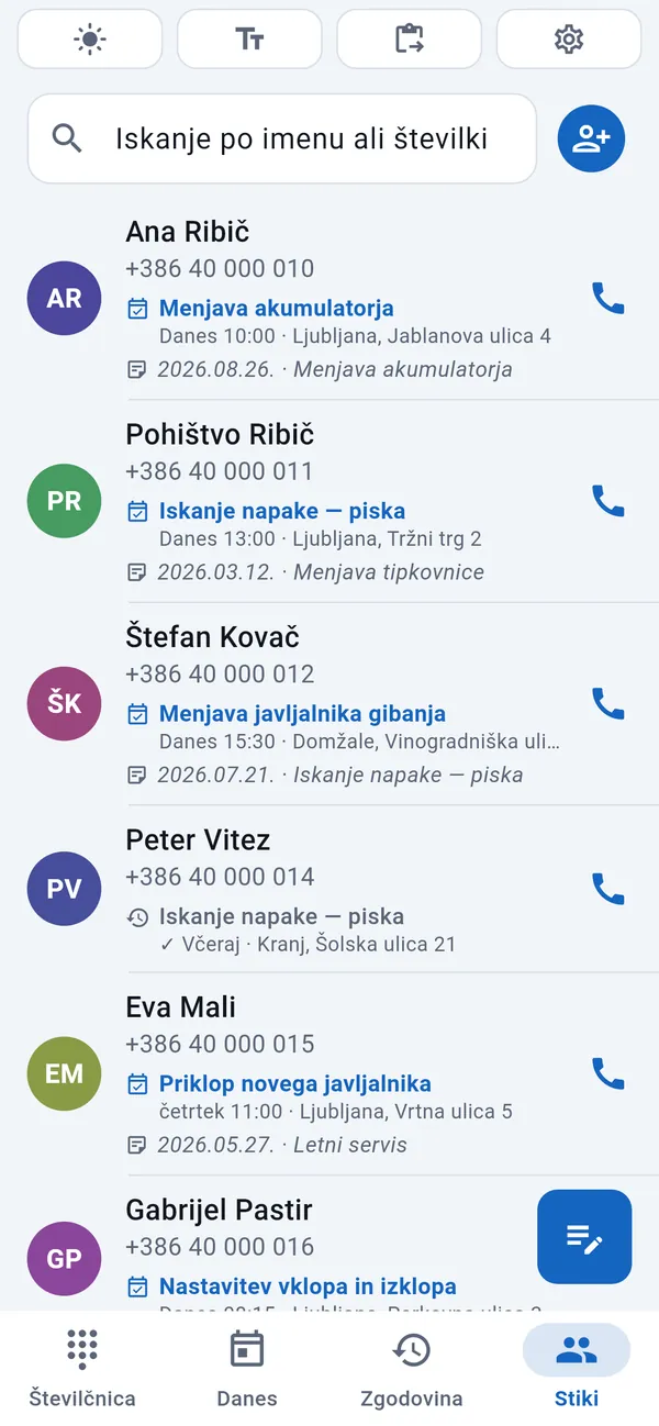 Seznam stikov s strankami; pri vsaki datum in vrsta njenega dela.