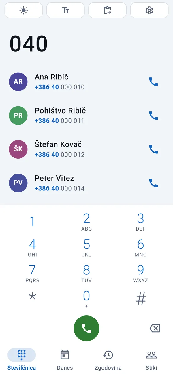 Številčnica: nad vtipkanimi številkami ustrezne stranke, spodaj številska tipkovnica.