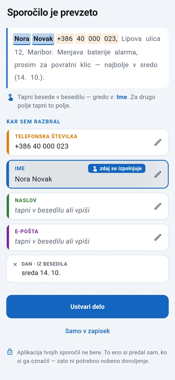 Prilepljen SMS z izluščeno telefonsko številko in dnem, ime se pravkar izpolnjuje; polji za naslov in e-pošto za dotik; spodaj gumb Ustvari delo.