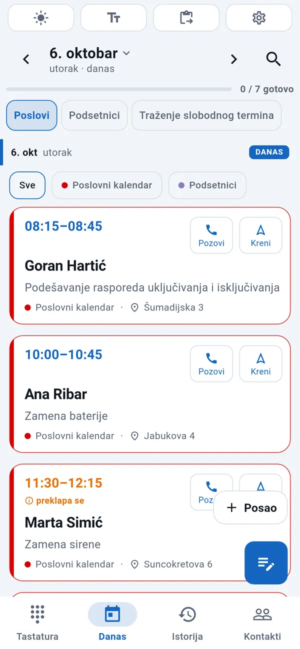 WorkDialer, kartica Danas: lista današnjih poslova sa vremenom, imenom klijenta, vrstom posla i adresom, uz dugmad Pozovi i Kreni.