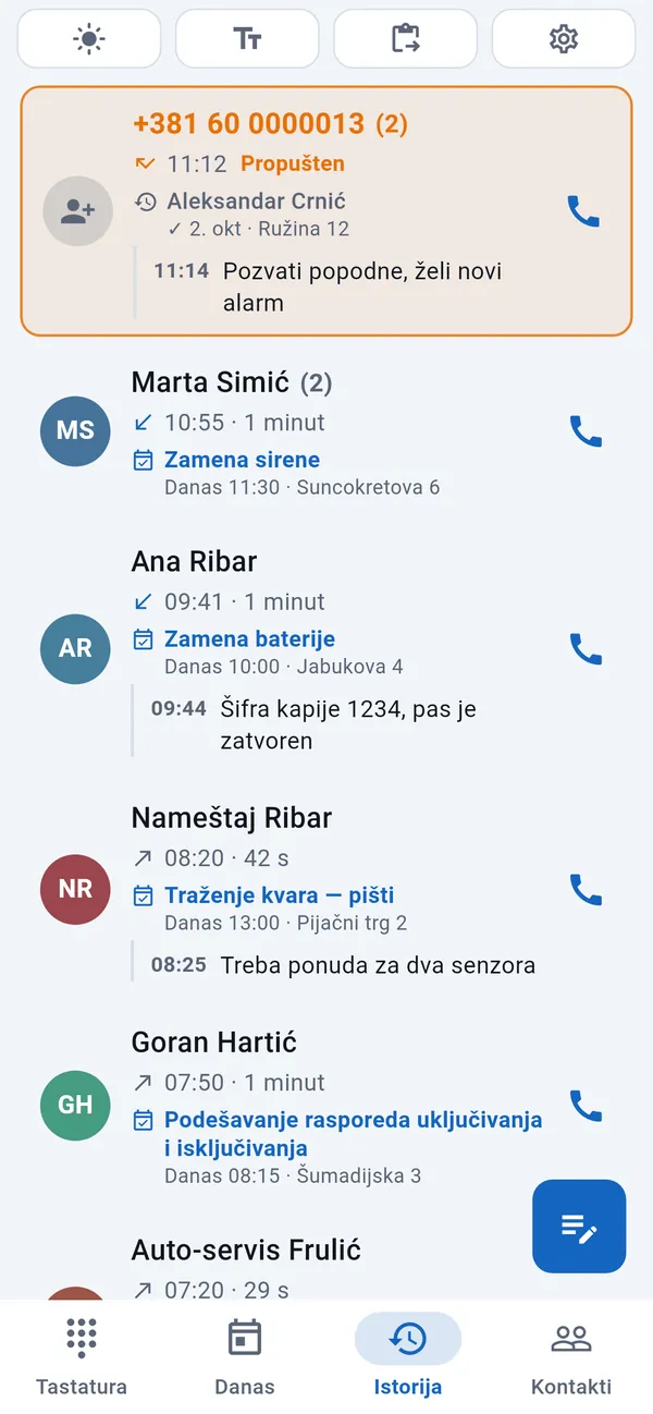 Kartica Istorija: istaknut propušten poziv, ispod njega pozivaoci sa svojim poslovima i beleškama.
