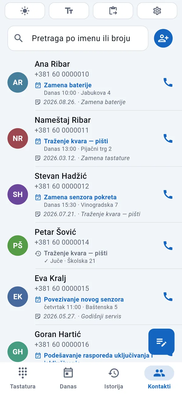 Lista kontakata sa klijentima, uz svakog datum i vrsta posla.
