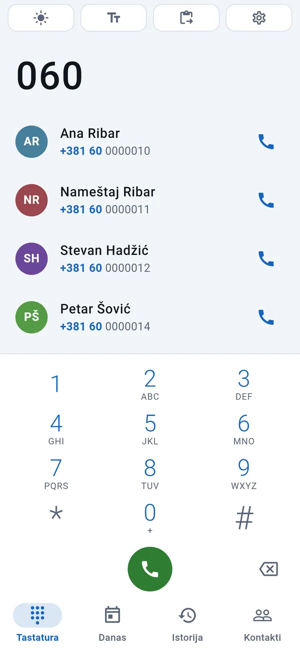 Kartica Tastatura: odgovarajući klijenti iznad ukucanih cifara, tastatura ispod.