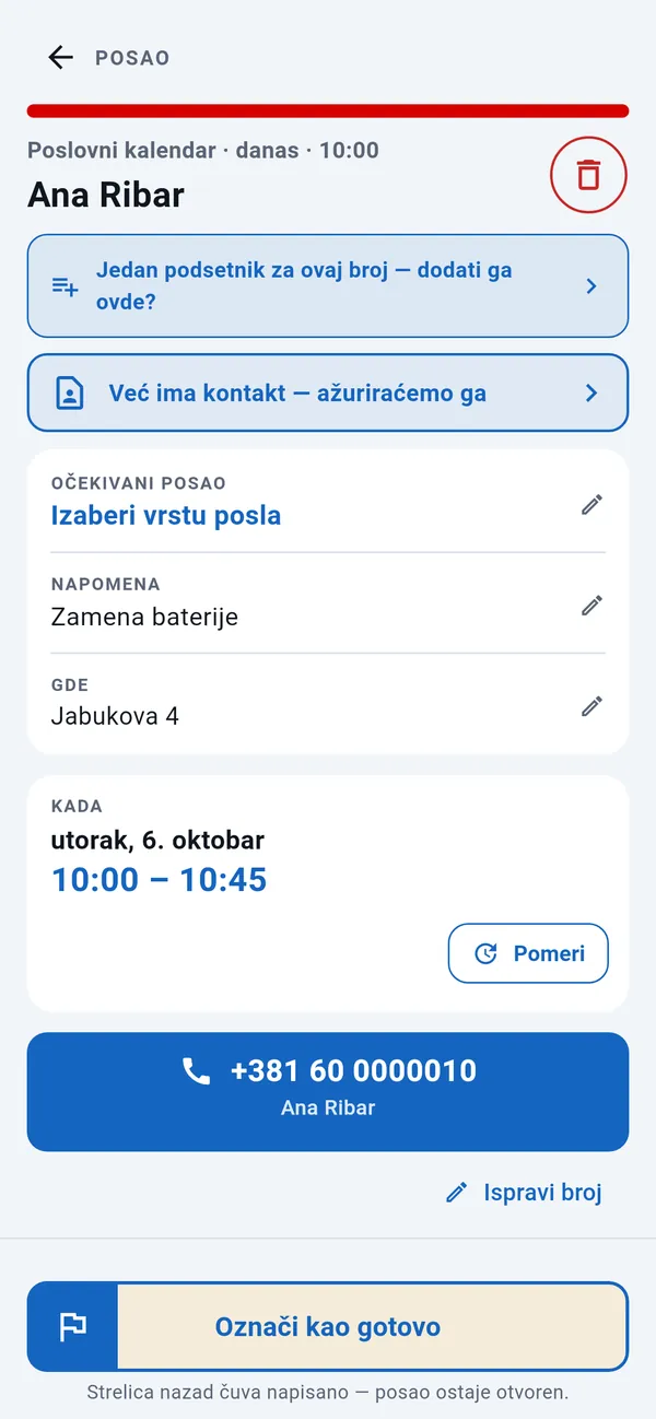 Stranica posla: vrsta posla, napomena, adresa i vreme, sa dugmetom za poziv i dugmetom Označi kao gotovo.