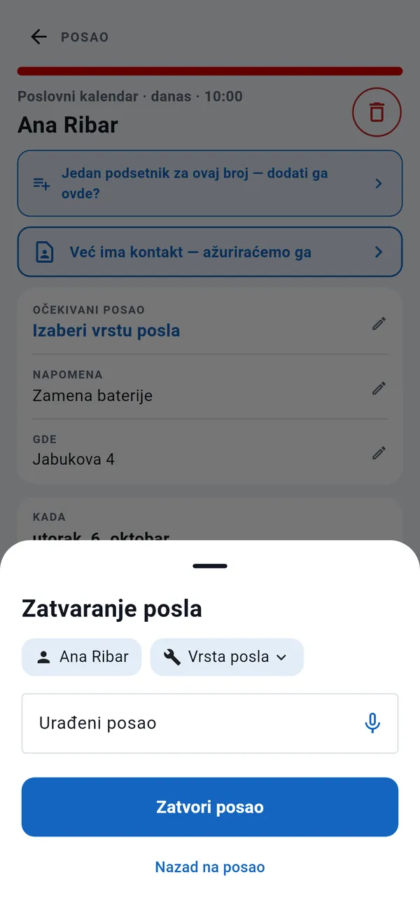 Prozor Zatvaranje posla: klijent, vrsta posla, polje Urađeni posao sa dugmetom za diktiranje i dugme Zatvori posao.
