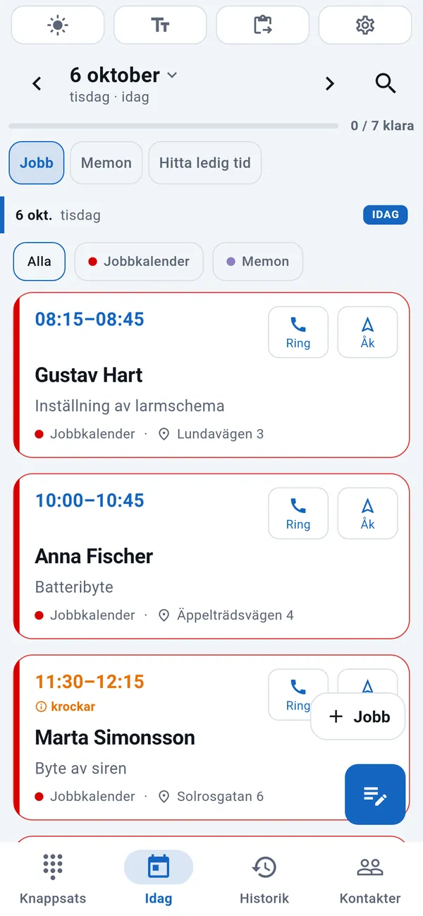 WorkDialer, fliken Idag: lista över dagens jobb med tid, kundnamn, jobbtyp och adress samt knapparna Ring och Åk.