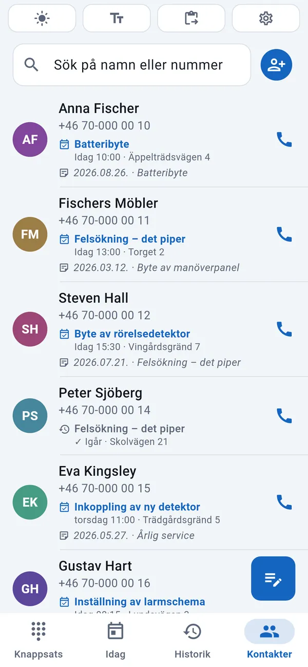 Kontaktlista med kunder, var och en med datum och typ för sitt jobb.