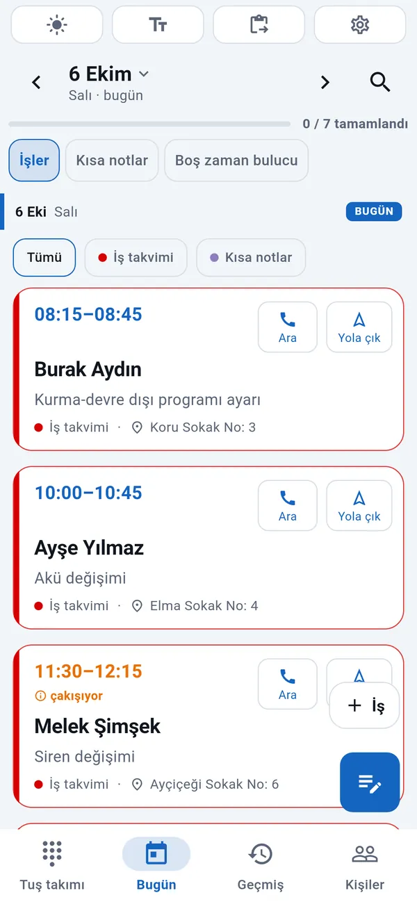 WorkDialer Bugün sekmesi: bugünün işlerinin listesi; saat, müşteri adı, iş türü ve adresle, her kartta Ara ve Yola çık düğmeleri.