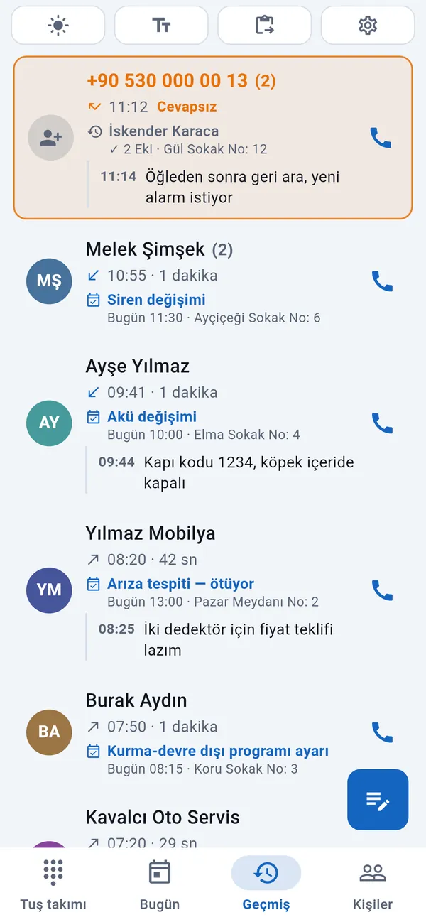 Geçmiş: en üstte vurgulanmış bir cevapsız arama, altında arayanlar işleri ve notlarıyla.