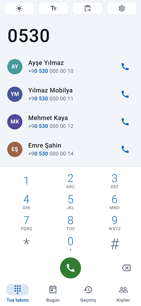 Tuş takımı: yazılan rakamların üstünde eşleşen müşteriler, altta tuşlar.