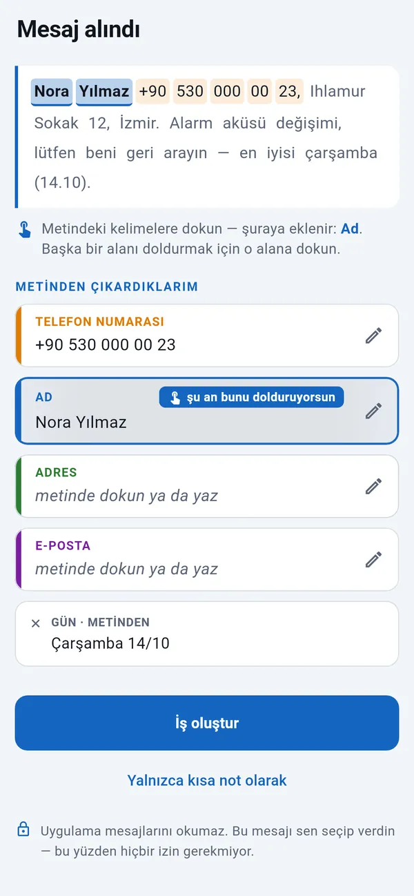 Yapıştırılmış kısa mesaj: telefon numarası ve gün bulunmuş, ad dokunarak dolduruluyor; dokunarak doldurulacak Adres ve E-posta alanları; altta İş oluştur düğmesi.