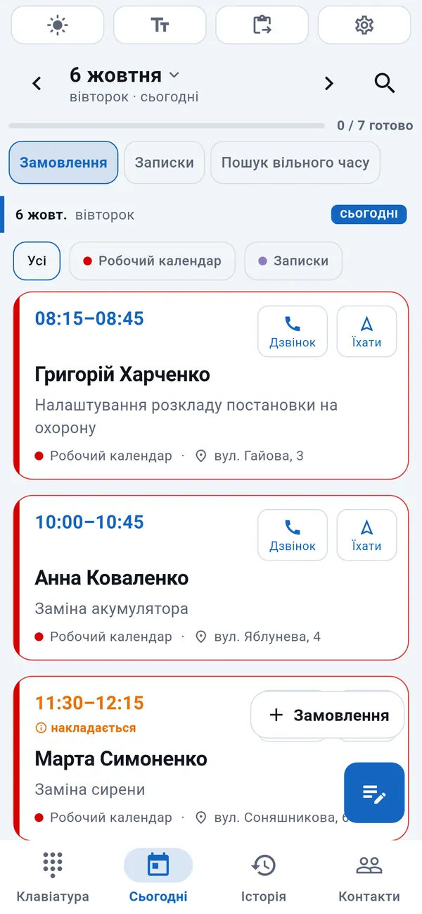 Вкладка «Сьогодні» у WorkDialer: список сьогоднішніх замовлень із часом, іменем клієнта, типом замовлення, адресою та кнопками «Дзвінок» і «Їхати».