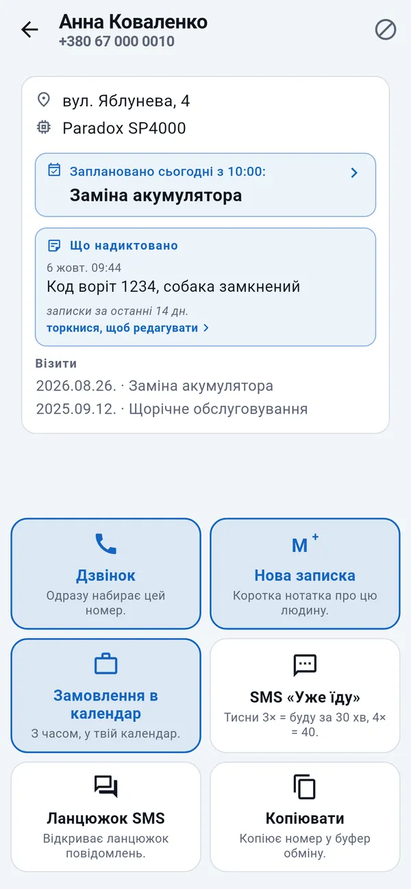 Картка клієнта з адресою, запланованим замовленням, попередніми візитами та плитками «Дзвінок», «Нова записка», «Замовлення в календар», SMS «Уже їду».